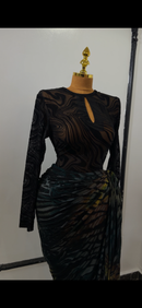 Elegant Jacquard Dress with Long Sleeves and Keyhole Neckline for Women