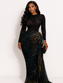 Elegant Jacquard Dress with Long Sleeves and Keyhole Neckline for Women